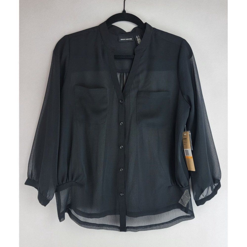 DKNY Jeans Womens Size Small Black Nylon Poly Button Up Long Sleeve Blouse NWT
